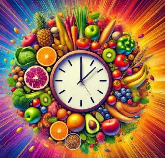 A imagem apresenta um relógio central com marcadores de hora minimalistas, cercado por uma variedade colorida de alimentos saudáveis, incluindo frutas, legumes, vegetais e grãos. A composição é vibrante, com um fundo em tons de gradiente que vai do amarelo ao roxo, simbolizando energia, saúde e equilíbrio, associados ao conceito de jejum intermitente.