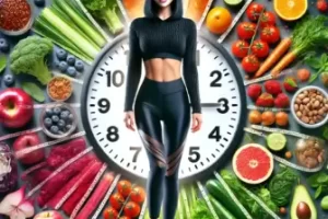 A imagem mostra uma mulher sorrindo, vestida com roupas esportivas longas e modestas, de frente a um grande relógio. Ao redor do relógio, há uma variedade de alimentos saudáveis, como frutas, vegetais e grãos, representando equilíbrio e uma dieta nutritiva. A cena sugere a prática de jejum intermitente, com foco em uma alimentação balanceada e uma rotina de saúde.