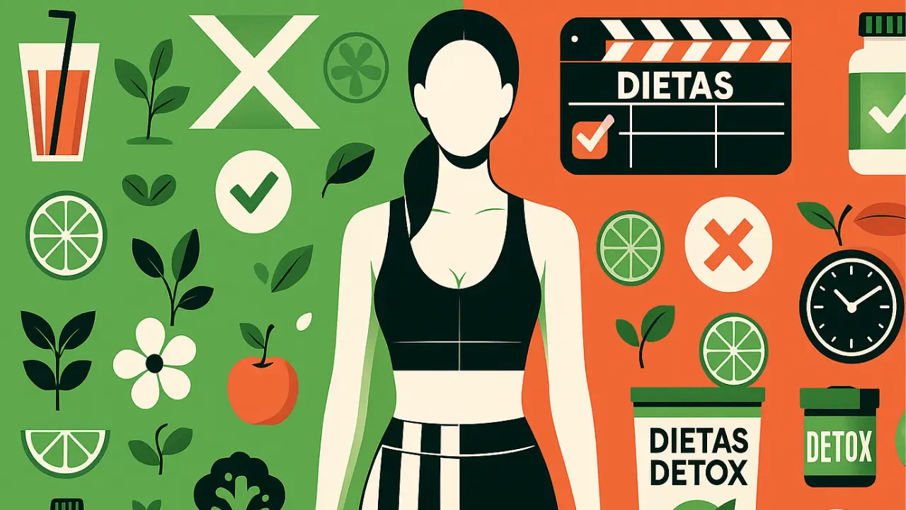 Ilustração digital dividida em duas partes: à esquerda, fundo verde com elementos que representam alimentação saudável e natural; à direita, fundo laranja com ícones de dietas detox e suplementos. No centro, uma mulher sem rosto vestindo roupa esportiva, simbolizando a dualidade entre mitos e verdades sobre dietas detox.