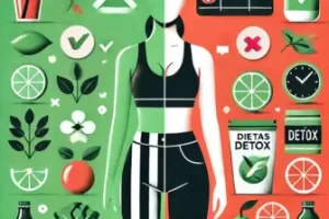 Ilustração digital dividida ao meio, com o lado esquerdo em verde e o lado direito em vermelho. No centro, uma mulher em roupas de academia separa os dois lados. O lado verde mostra frutas e ícones que sugerem práticas saudáveis, enquanto o lado vermelho exibe elementos que representam práticas controversas.