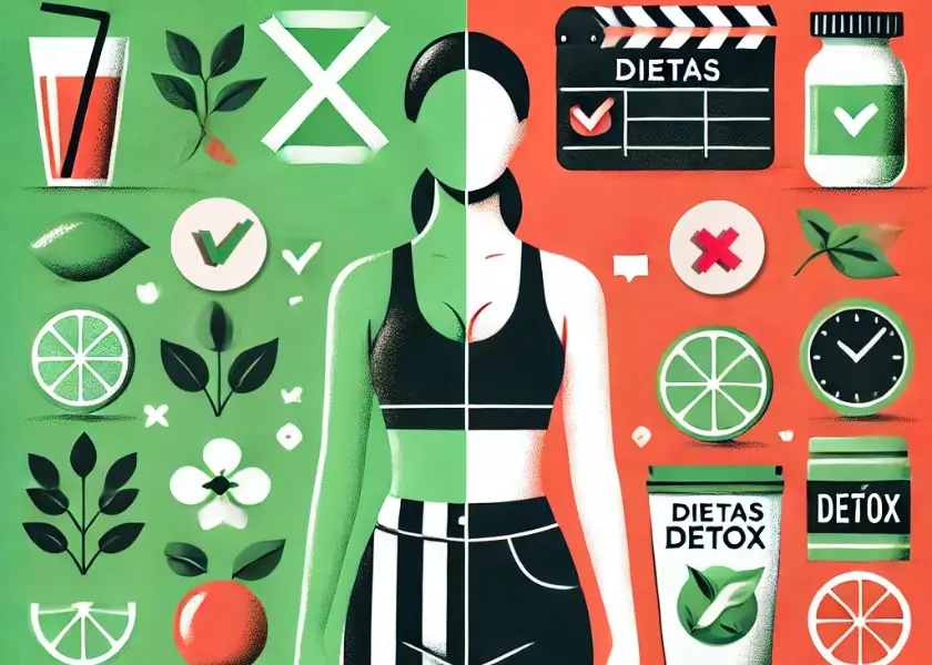 Imagem minimalista com fundo dividido em verde e vermelho, apresentando uma mulher central vestida com roupas de academia. O lado verde contém elementos como frutas e folhas, enquanto o lado vermelho mostra ícones de pílulas e bebidas detox, sugerindo uma comparação entre os dois lados.